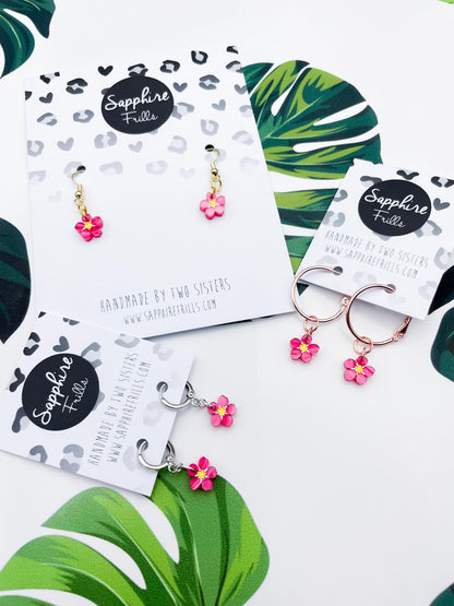 Mini Pink Marble Acrylic Forget Me Not Flower Dangle Earrings or Necklace – Hypoallergenic Stainless Steel