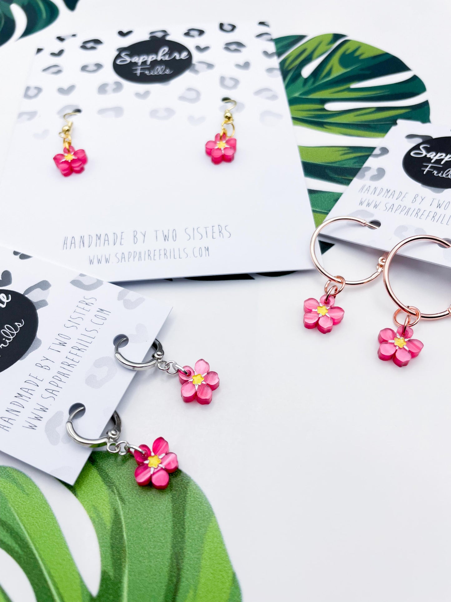 Mini Pink Marble Acrylic Forget Me Not Flower Dangle Earrings or Necklace – Hypoallergenic Stainless Steel