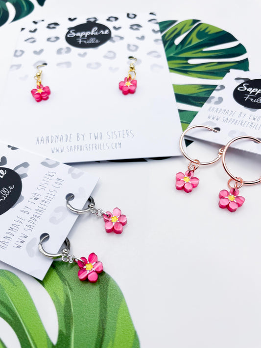 Mini Pink Marble Acrylic Forget Me Not Flower Dangle Earrings or Necklace – Hypoallergenic Stainless Steel