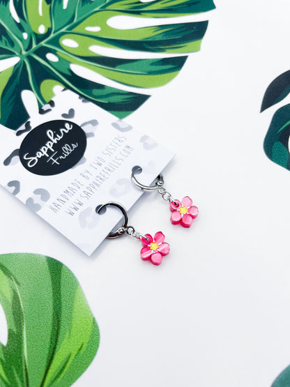 Mini Pink Marble Acrylic Forget Me Not Flower Dangle Earrings or Necklace – Hypoallergenic Stainless Steel