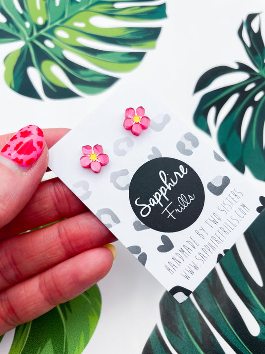 Mini Pink Marble Acrylic Forget Me Not Flower Stud Earrings – Hypoallergenic Stainless Steel