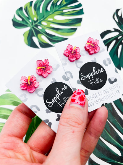 Small Hot Pink Marble Acrylic Hibiscus Flower Stud Earrings – Hypoallergenic Stainless Steel