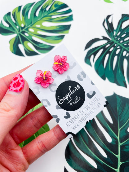 Small Hot Pink Marble Acrylic Hibiscus Flower Stud Earrings – Hypoallergenic Stainless Steel