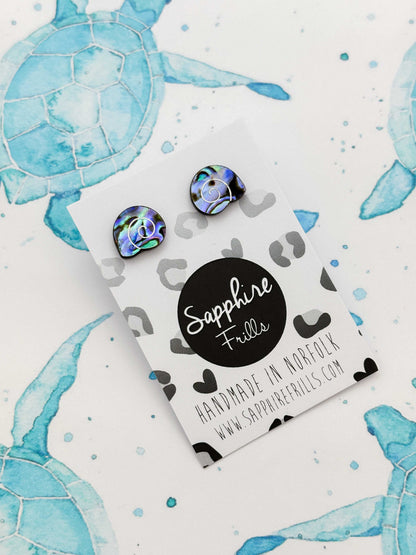 Mini Blue & Green Real Sundial Shell Studs – Hypoallergenic Stainless Steel