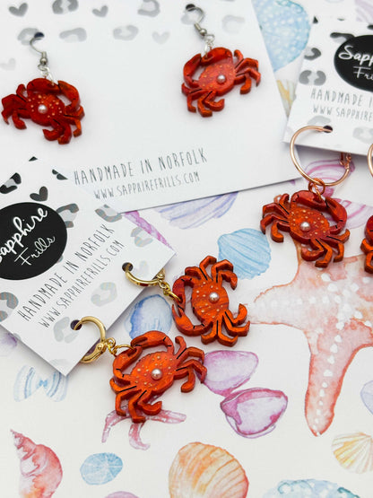 Medium Bright Orange Crab with Pearl Dangle Earrings or Necklace – Hypoallergenic Stainless Steel