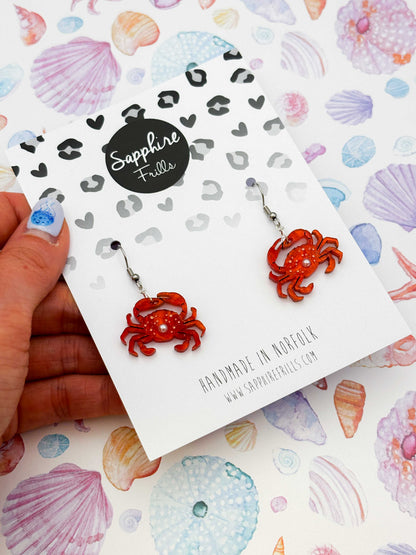 Medium Bright Orange Crab with Pearl Dangle Earrings or Necklace – Hypoallergenic Stainless Steel