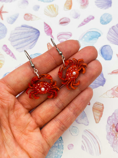 Medium Bright Orange Crab with Pearl Dangle Earrings or Necklace – Hypoallergenic Stainless Steel
