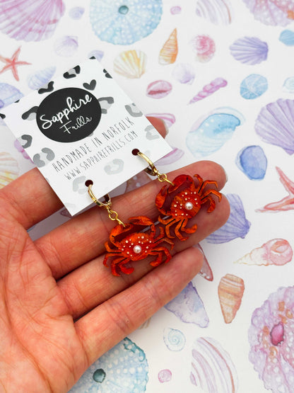 Medium Bright Orange Crab with Pearl Dangle Earrings or Necklace – Hypoallergenic Stainless Steel