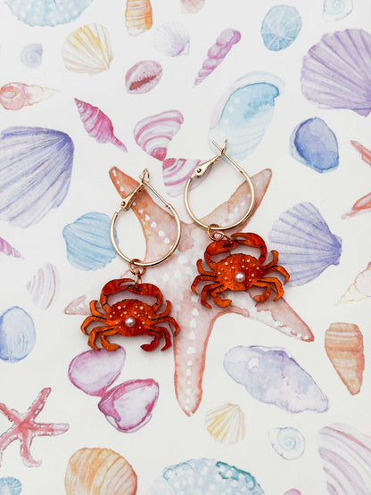 Medium Bright Orange Crab with Pearl Dangle Earrings or Necklace – Hypoallergenic Stainless Steel