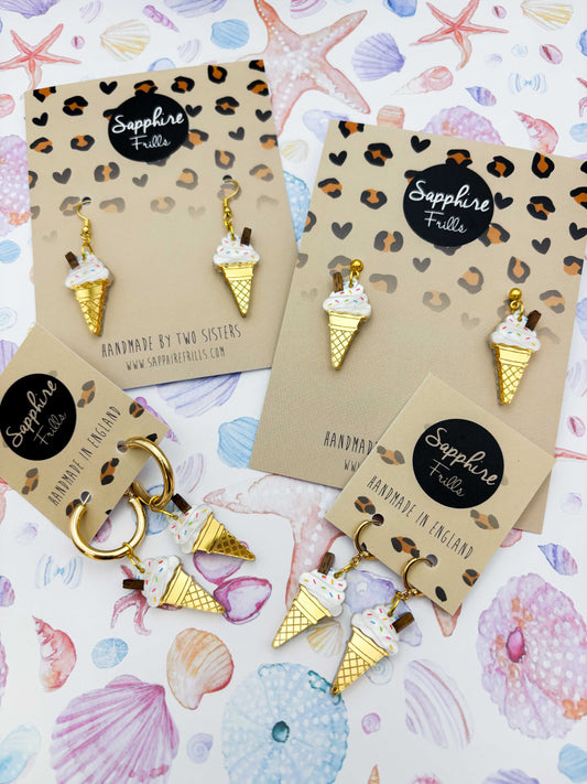 Large Whippy Ice Cream with Flake and Sprinkles Dangle Earrings or Necklace – Hypoallergenic Stainless Steel
