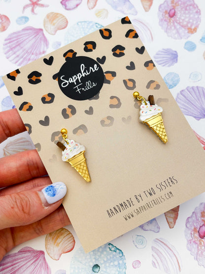 Large Whippy Ice Cream with Flake and Sprinkles Dangle Earrings or Necklace – Hypoallergenic Stainless Steel