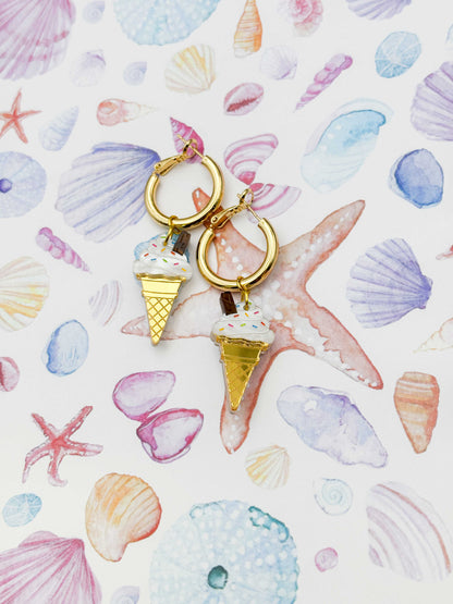 Large Whippy Ice Cream with Flake and Sprinkles Dangle Earrings or Necklace – Hypoallergenic Stainless Steel