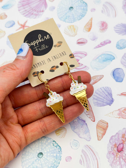 Large Whippy Ice Cream with Flake and Sprinkles Dangle Earrings or Necklace – Hypoallergenic Stainless Steel