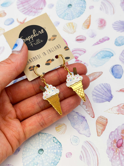 Large Whippy Ice Cream with Flake and Sprinkles Dangle Earrings or Necklace – Hypoallergenic Stainless Steel