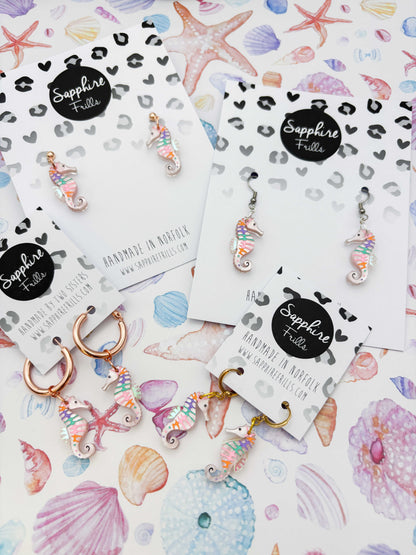 Medium Pastel Pink Rainbow Seahorse Dangle Earrings or Necklace – Hypoallergenic Stainless Steel