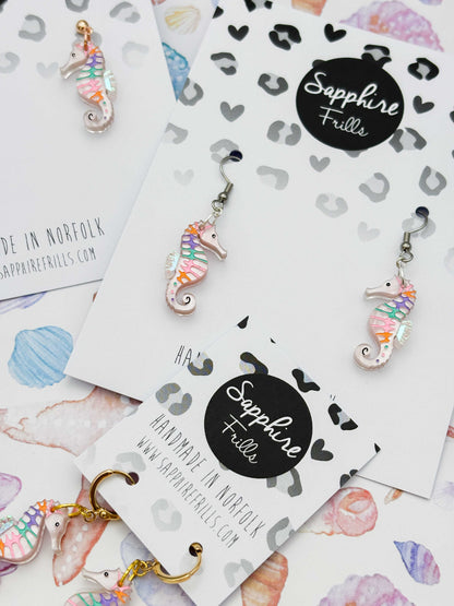 Medium Pastel Pink Rainbow Seahorse Dangle Earrings or Necklace – Hypoallergenic Stainless Steel