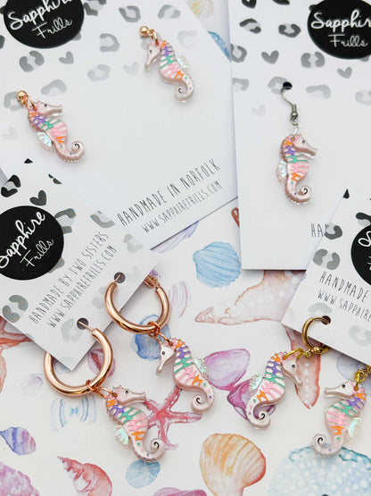 Medium Pastel Pink Rainbow Seahorse Dangle Earrings or Necklace – Hypoallergenic Stainless Steel