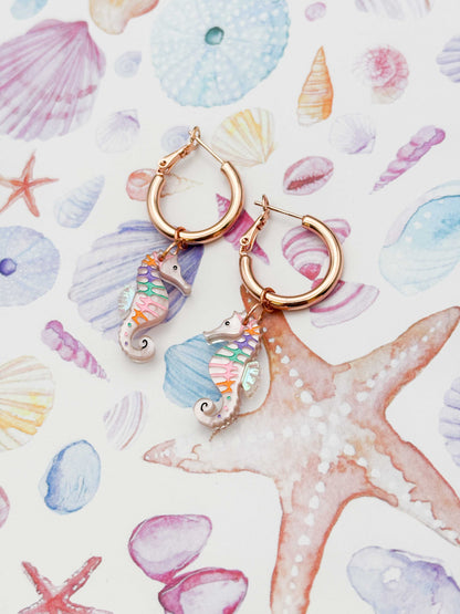 Medium Pastel Pink Rainbow Seahorse Dangle Earrings or Necklace – Hypoallergenic Stainless Steel