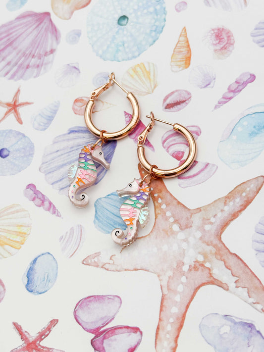 Medium Pastel Pink Rainbow Seahorse Dangle Earrings or Necklace – Hypoallergenic Stainless Steel