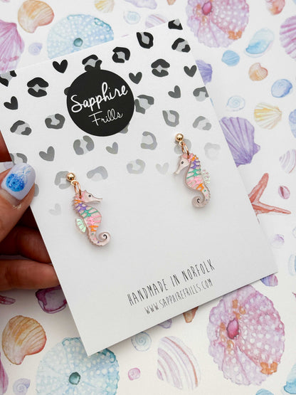 Medium Pastel Pink Rainbow Seahorse Dangle Earrings or Necklace – Hypoallergenic Stainless Steel