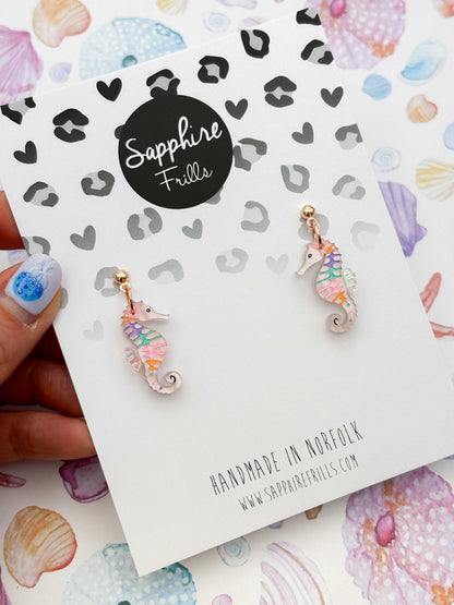 Medium Pastel Pink Rainbow Seahorse Dangle Earrings or Necklace – Hypoallergenic Stainless Steel