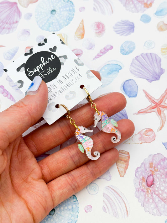 Medium Pastel Pink Rainbow Seahorse Dangle Earrings or Necklace – Hypoallergenic Stainless Steel