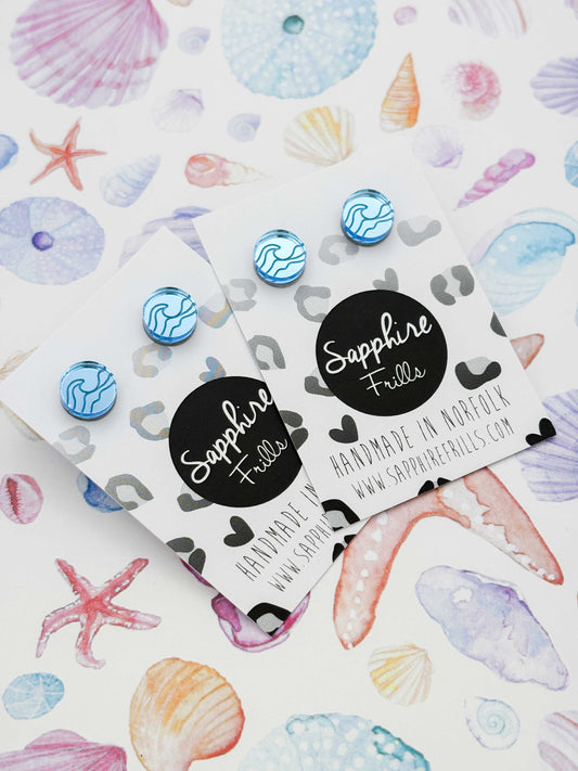 Mini Light Blue Mirror Wave Studs – Hypoallergenic Stainless Steel