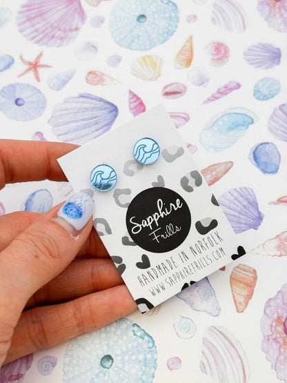 Mini Light Blue Mirror Wave Studs – Hypoallergenic Stainless Steel