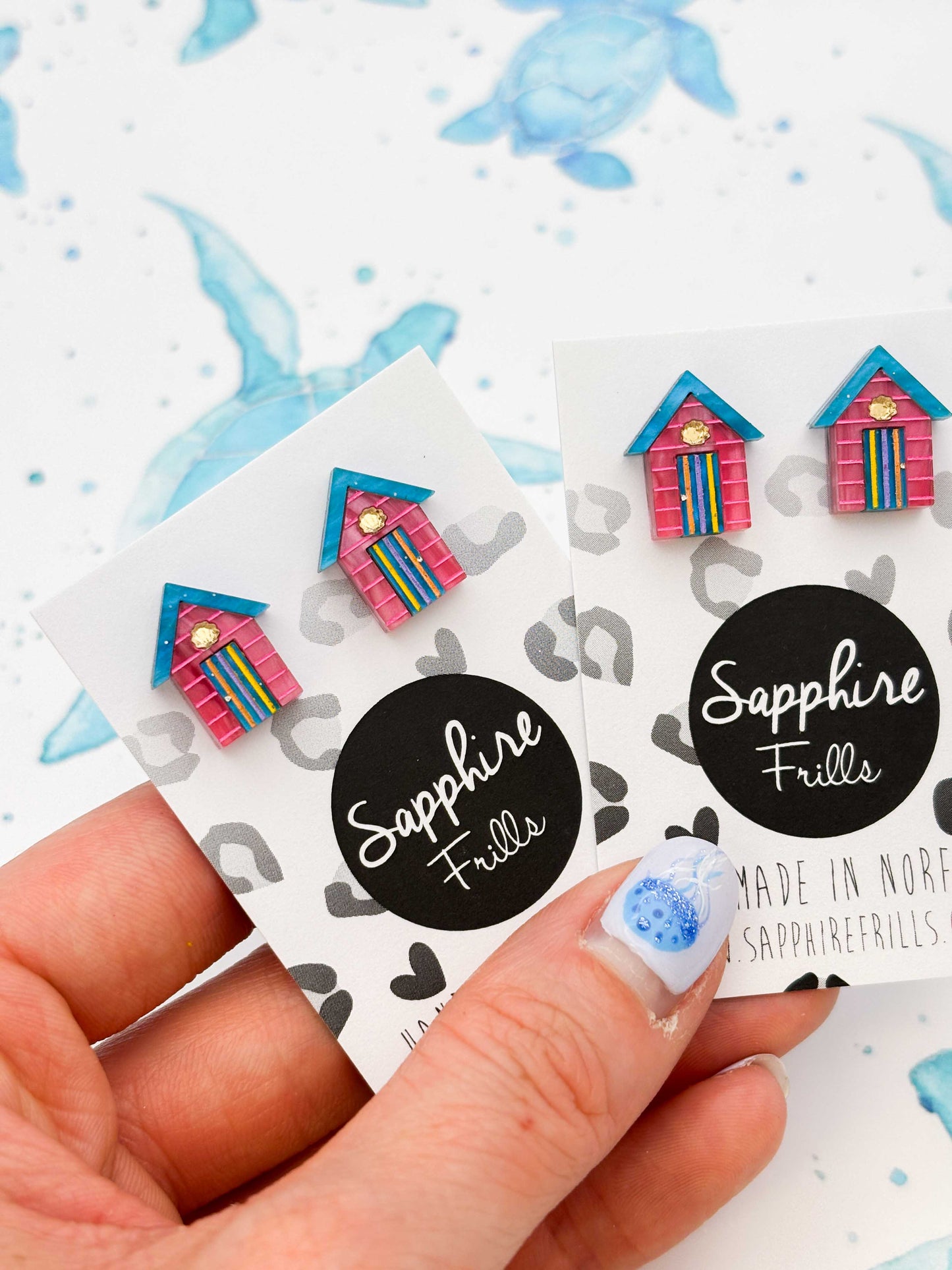 Small Hot Pink, Turquoise Blue and Yellow Beach Hut Studs