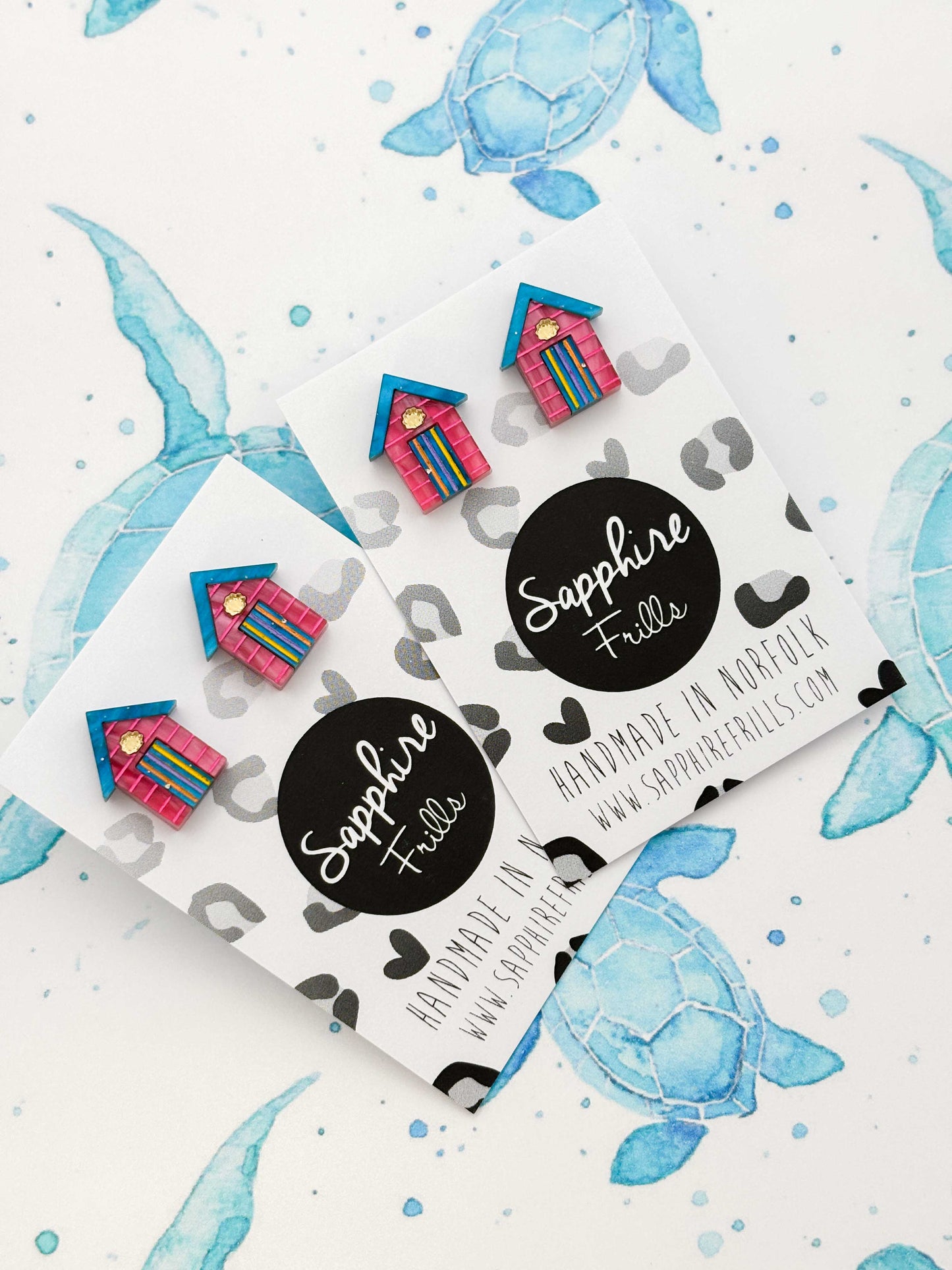 Small Hot Pink, Turquoise Blue and Yellow Beach Hut Studs