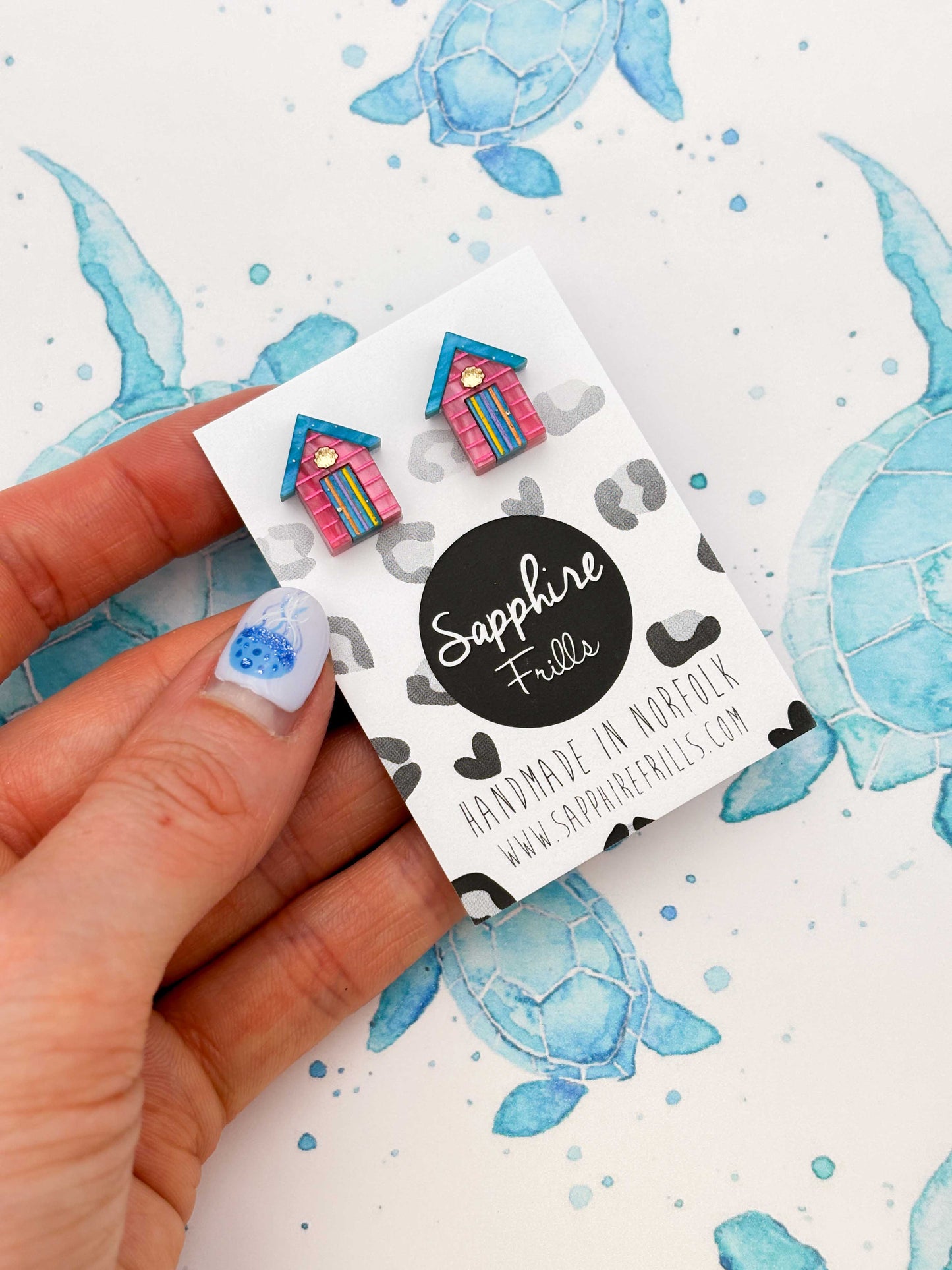 Small Hot Pink, Turquoise Blue and Yellow Beach Hut Studs