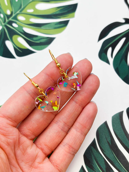 Medium Holographic Rainbow Chunky Glitter Acrylic Heart Dangle Earrings