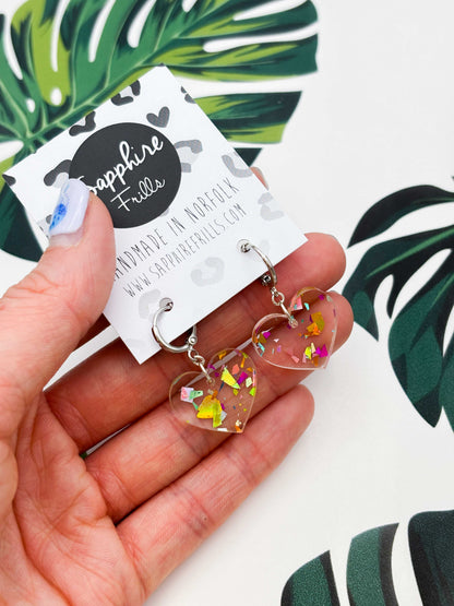 Medium Holographic Rainbow Chunky Glitter Acrylic Heart Dangle Earrings