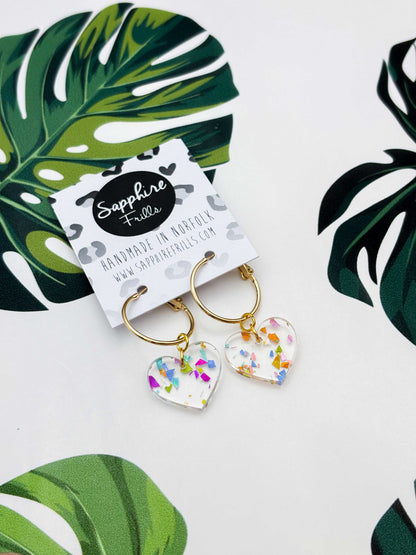 Medium Holographic Rainbow Chunky Glitter Acrylic Heart Dangle Earrings