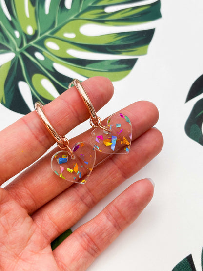 Medium Holographic Rainbow Chunky Glitter Acrylic Heart Dangle Earrings