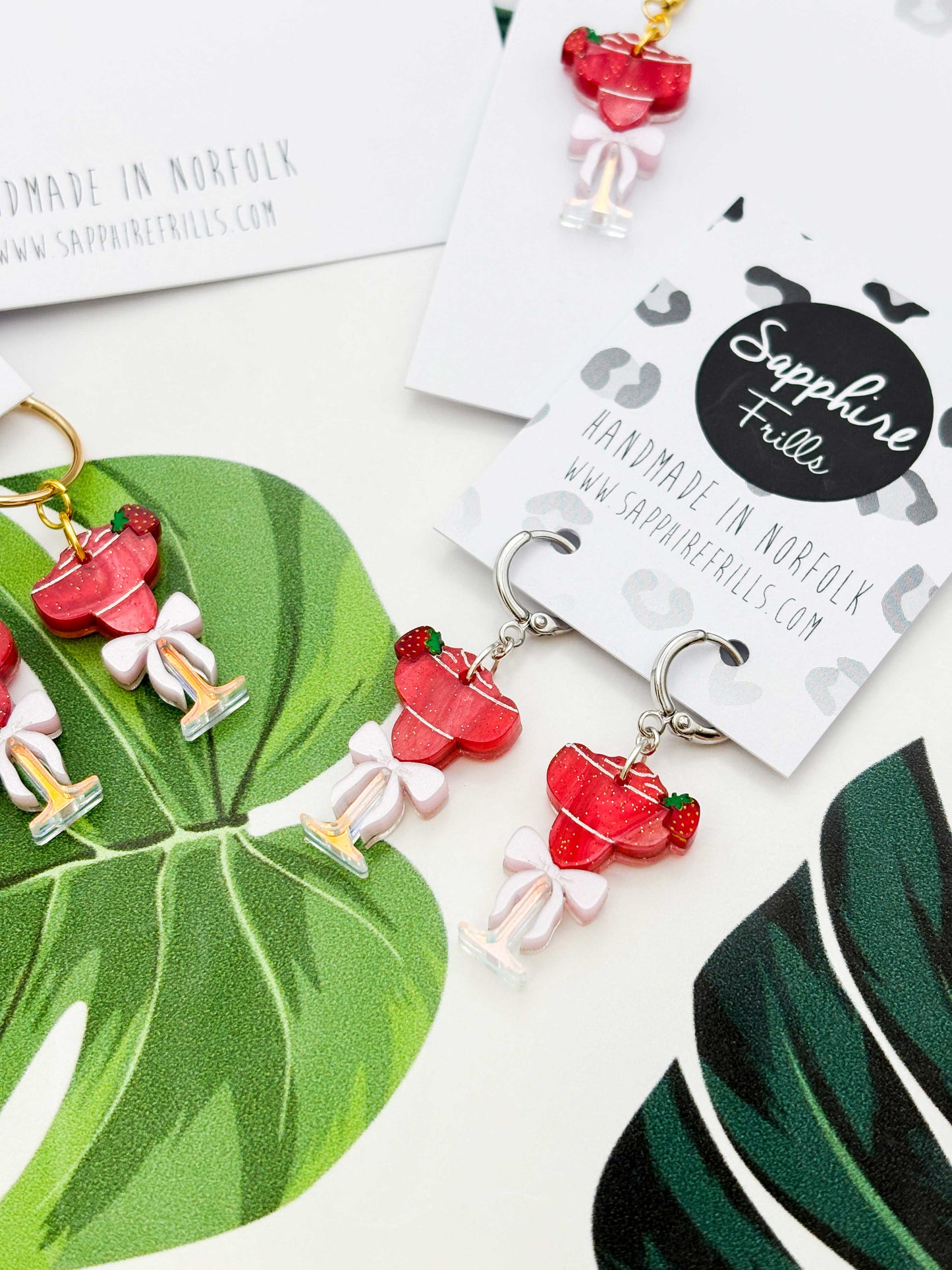 Medium Red Glitter Strawberry Daiquiri with Bow Dangle Earrings