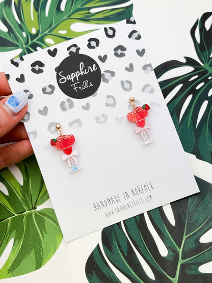 Medium Red Glitter Strawberry Daiquiri with Bow Dangle Earrings or Necklace – Hypoallergenic Stainless Steel
