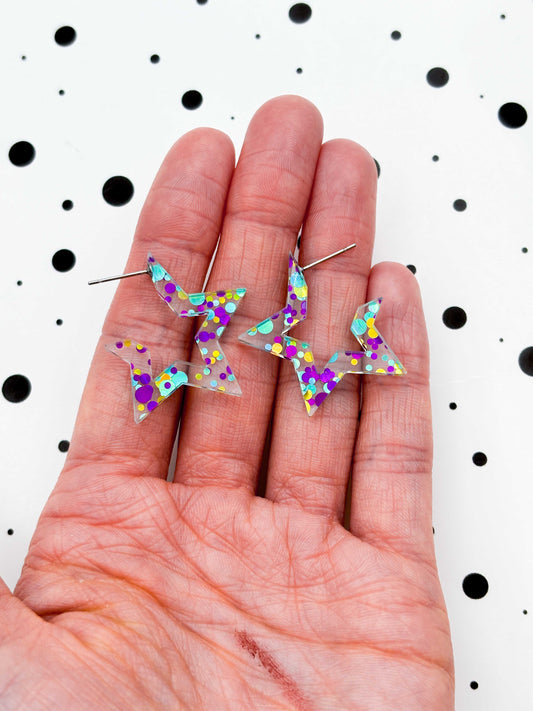 Large Turquoise, Gold and Purple Party Sequin Clear Acrylic Star Hoops – Hypoallergenic Stainless Steel