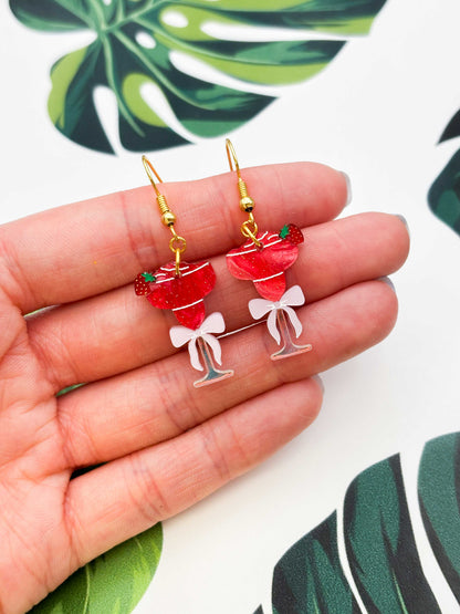 Medium Red Glitter Strawberry Daiquiri with Bow Dangle Earrings or Necklace – Hypoallergenic Stainless Steel