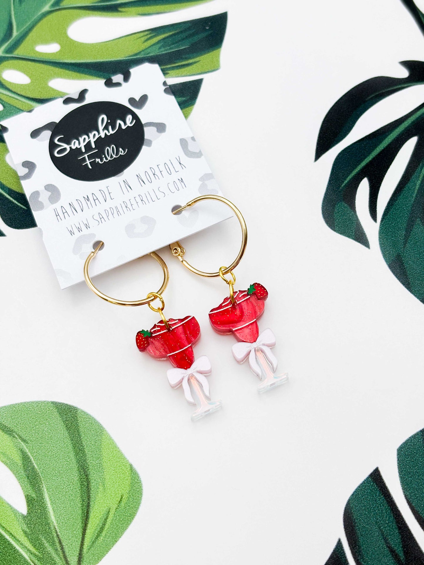 Medium Red Glitter Strawberry Daiquiri with Bow Dangle Earrings