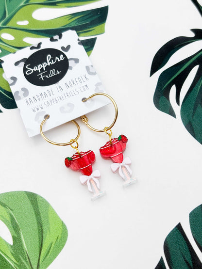 Medium Red Glitter Strawberry Daiquiri with Bow Dangle Earrings or Necklace – Hypoallergenic Stainless Steel