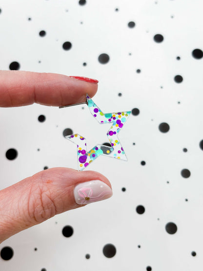 Large Turquoise, Gold and Purple Party Sequin Clear Acrylic Star Hoops – Hypoallergenic Stainless Steel