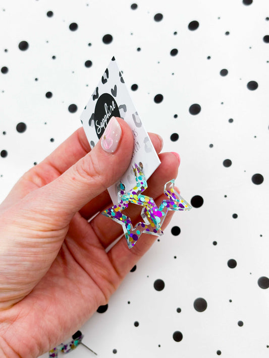 Large Turquoise, Gold and Purple Party Sequin Clear Acrylic Star Hoops – Hypoallergenic Stainless Steel