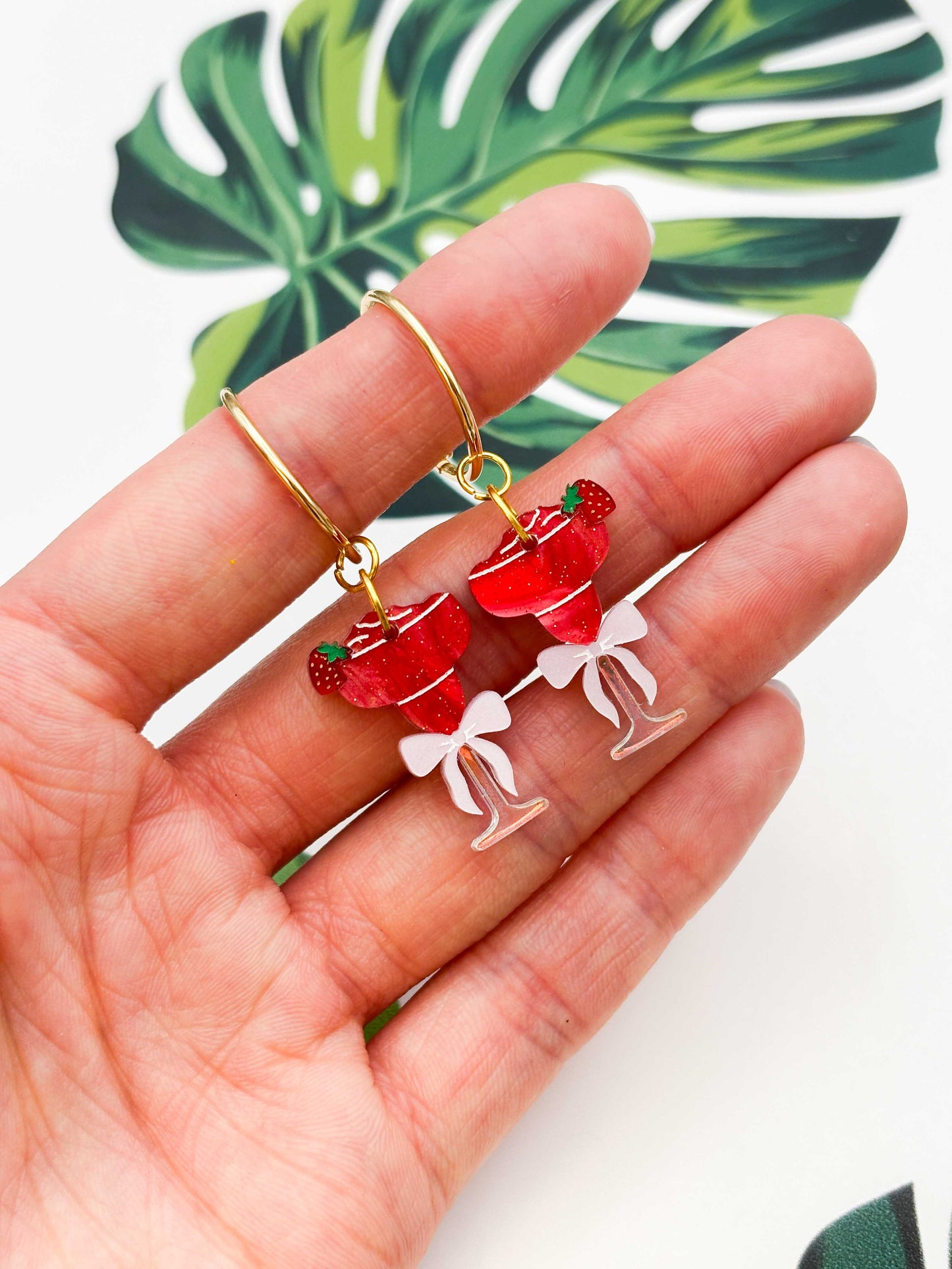 Medium Red Glitter Strawberry Daiquiri with Bow Dangle Earrings
