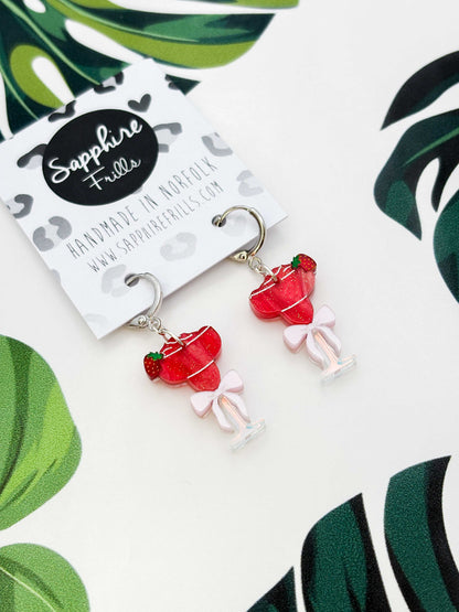 Medium Red Glitter Strawberry Daiquiri with Bow Dangle Earrings or Necklace – Hypoallergenic Stainless Steel