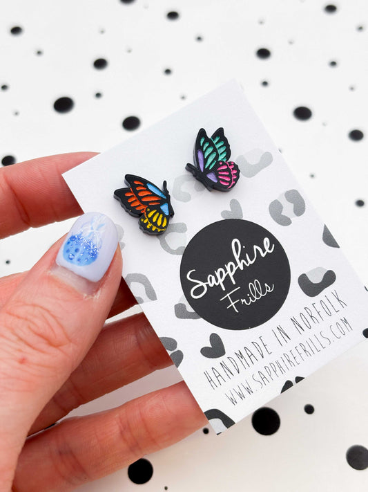 Small Rainbow Mismatch Butterfly Studs – Hypoallergenic Stainless Steel