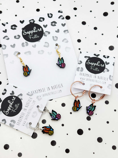 Small Rainbow Mismatch Butterfly Dangle Earrings or Necklace – Hypoallergenic Stainless Steel
