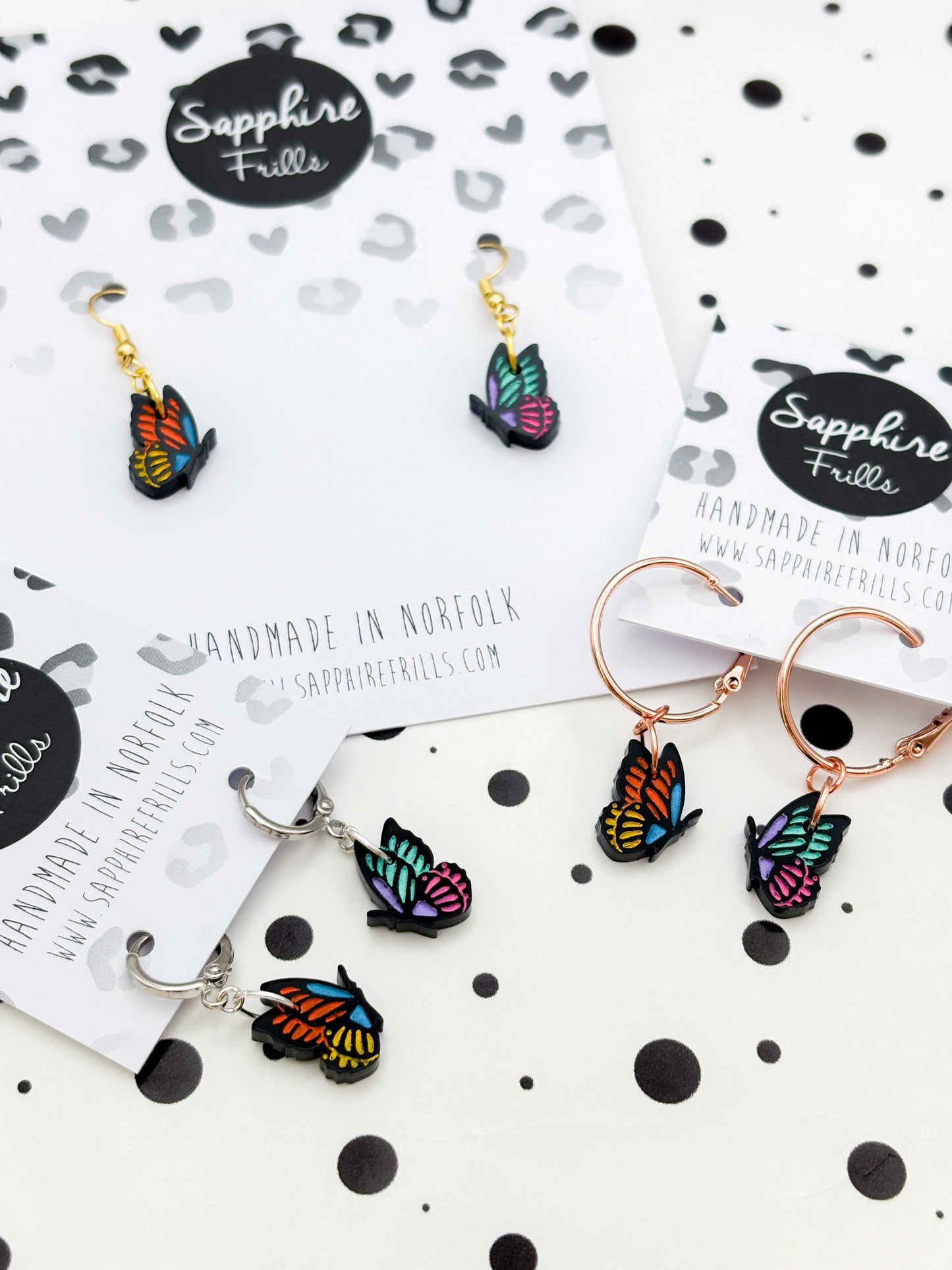Small Rainbow Mismatch Butterfly Dangle Earrings or Necklace – Hypoallergenic Stainless Steel