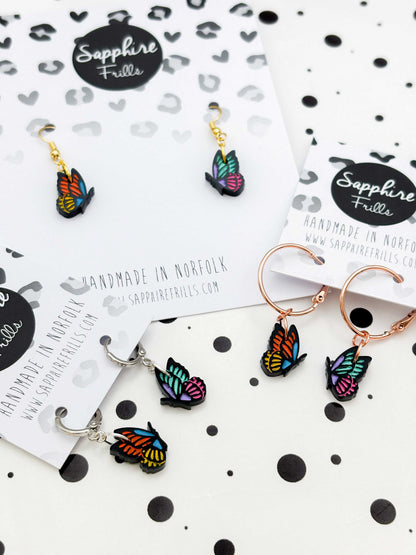 Small Rainbow Mismatch Butterfly Dangle Earrings or Necklace – Hypoallergenic Stainless Steel