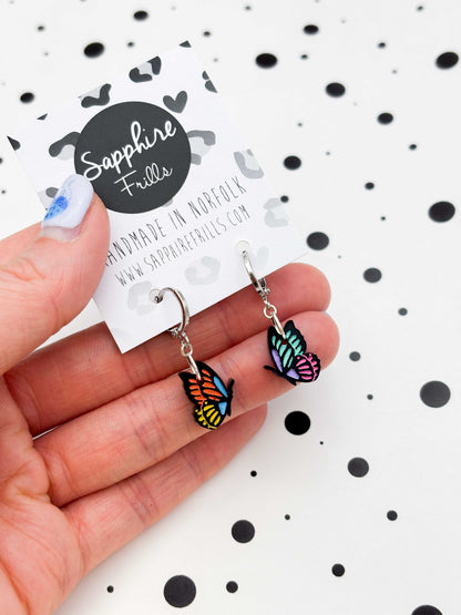 Small Rainbow Mismatch Butterfly Dangle Earrings or Necklace – Hypoallergenic Stainless Steel